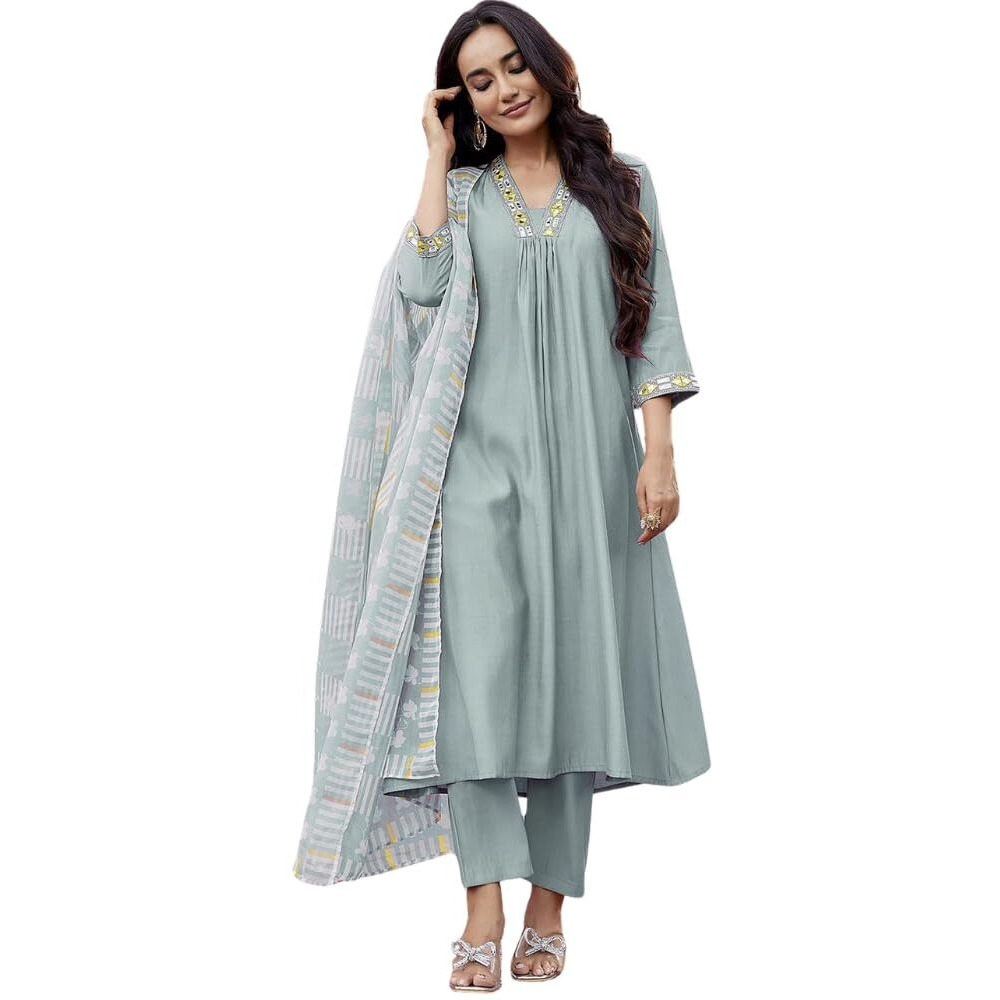 Shienzy Women's Embroidered Work Chanderi Kurta & Pant With Dupatta || Straight Kurta Outfits || Ethnic Set (1656_Bl_Xxl) Blue