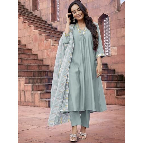 Shienzy Women's Embroidered Work Chanderi Kurta & Pant With Dupatta || Straight Kurta Outfits || Ethnic Set (1656_Bl_Xxl) Blue