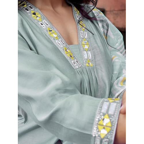 Shienzy Women's Embroidered Work Chanderi Kurta & Pant With Dupatta || Straight Kurta Outfits || Ethnic Set (1656_Bl_Xxl) Blue