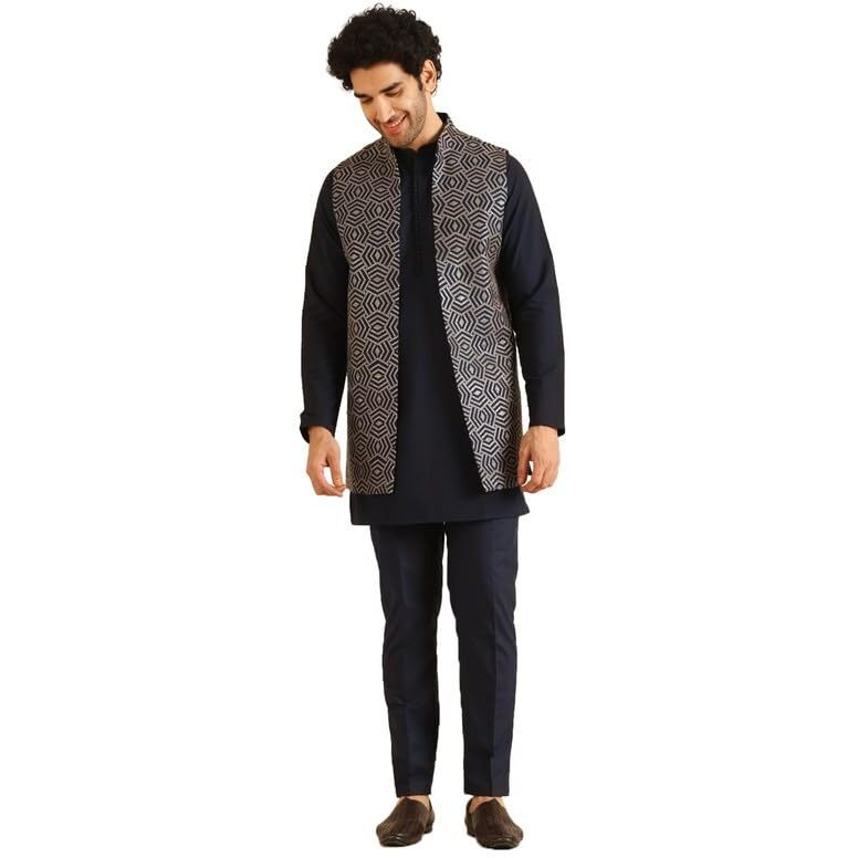 Kisah Men's Kurta Jacket Trouser Set, Navy Blue Cotton Blend, Embroidered Regular Fit Mandarin Collar Long Sleeves (40)