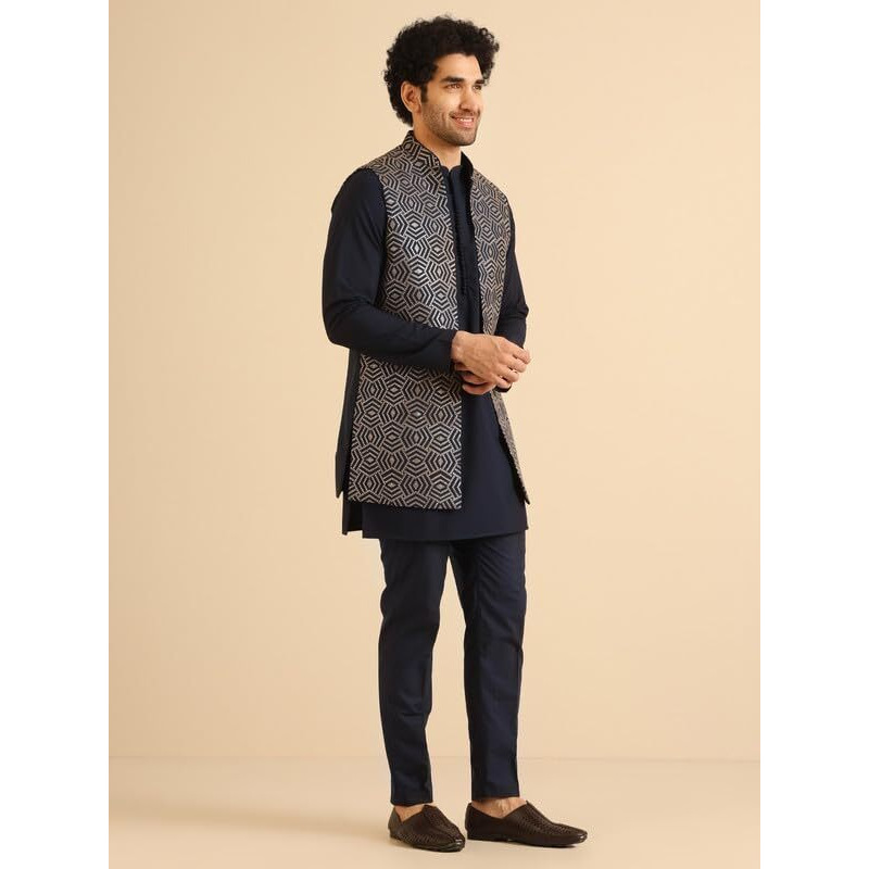 Kisah Men's Kurta Jacket Trouser Set, Navy Blue Cotton Blend, Embroidered Regular Fit Mandarin Collar Long Sleeves (40)