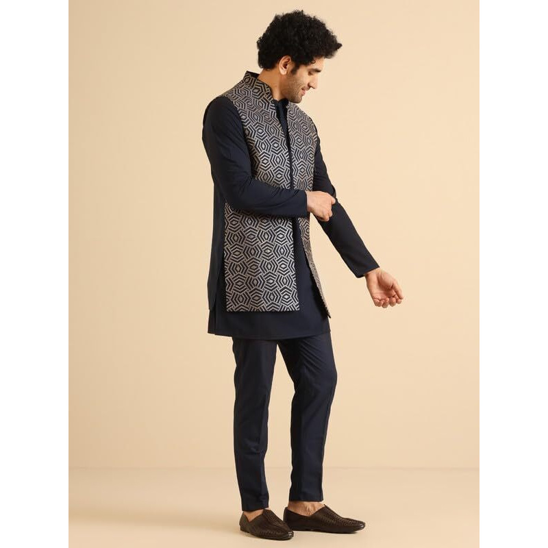 Kisah Men's Kurta Jacket Trouser Set, Navy Blue Cotton Blend, Embroidered Regular Fit Mandarin Collar Long Sleeves (40)