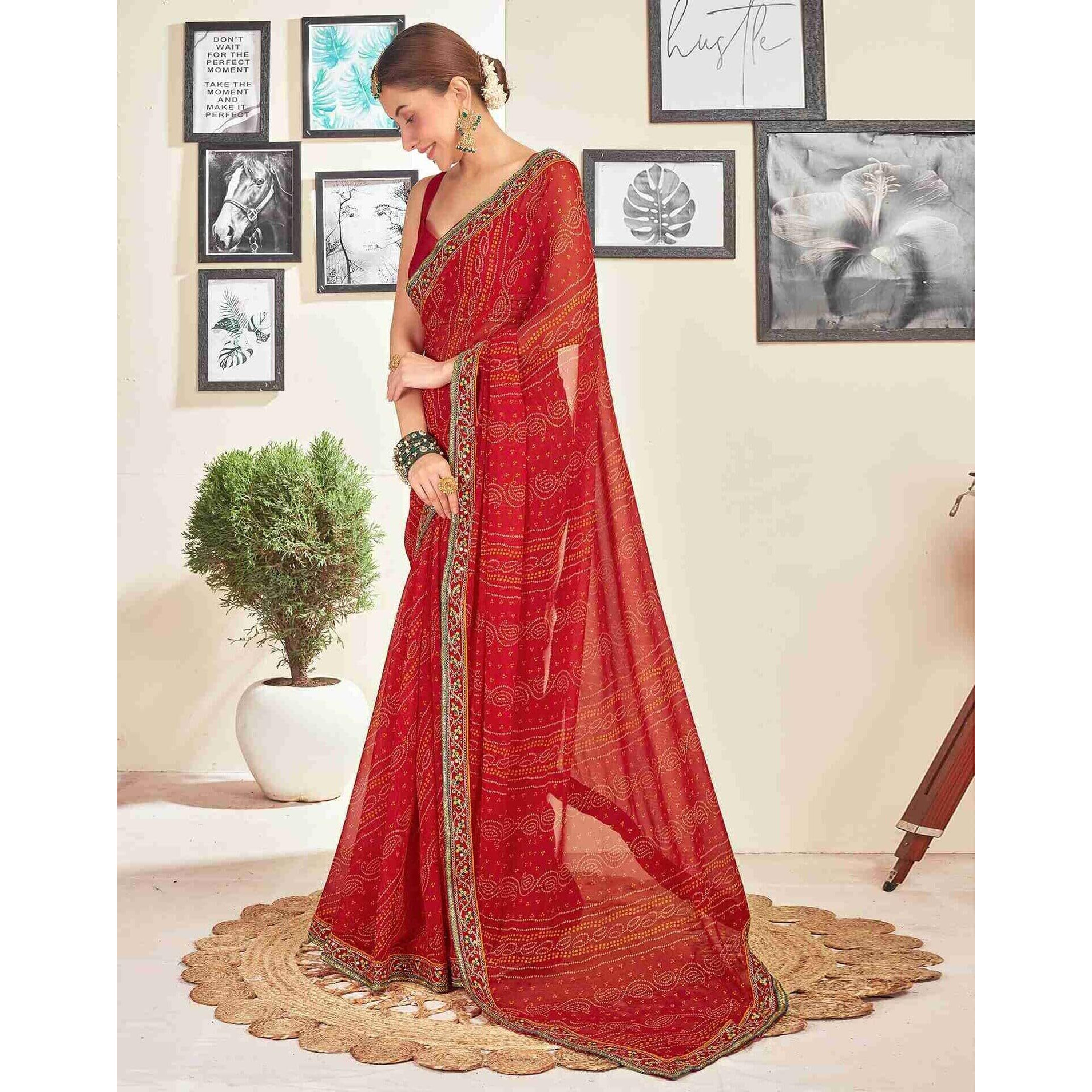 Shiv Textiles Women's Georgette Bandhani Printed & Lace Border Saree(Sat-534S-Red)