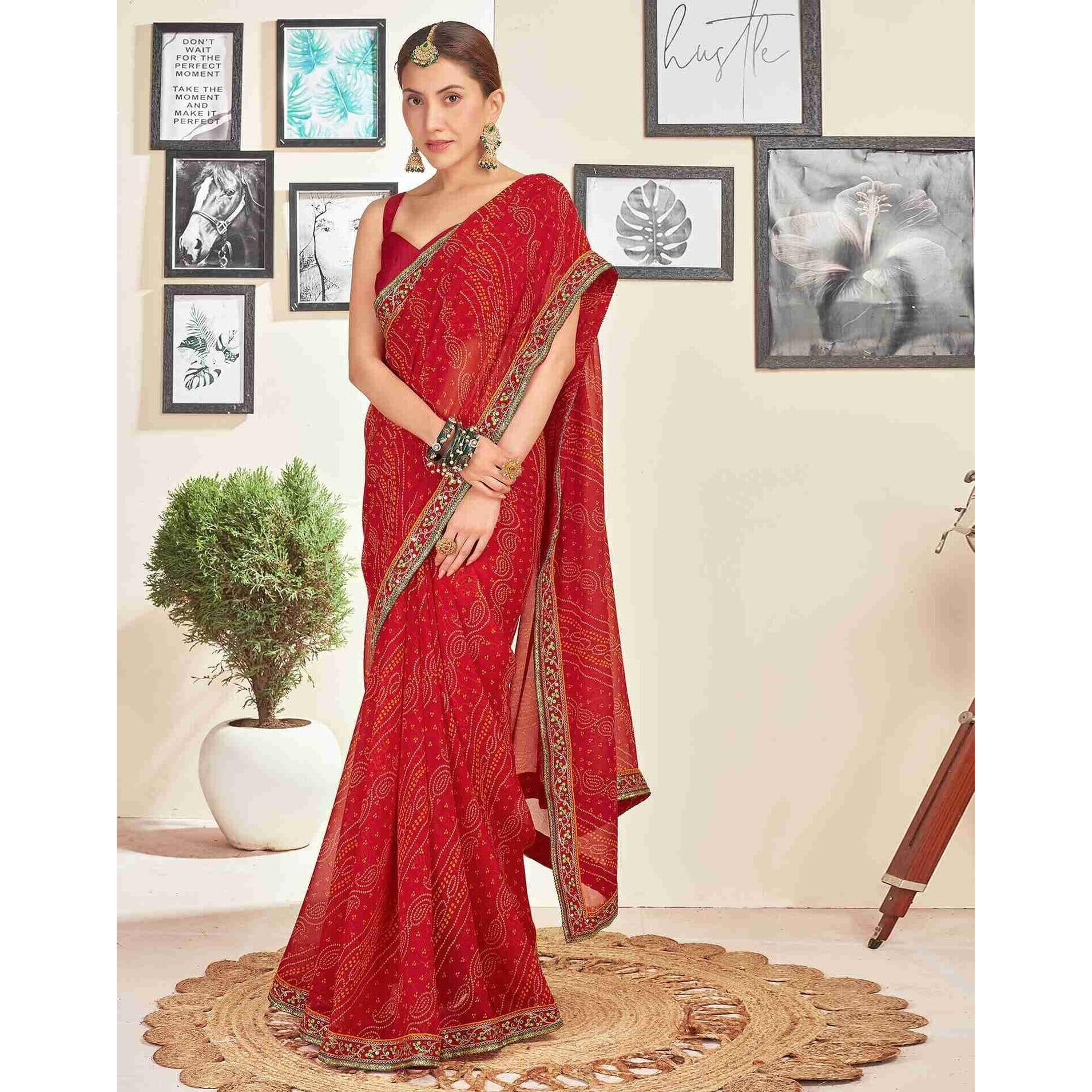 Shiv Textiles Women's Georgette Bandhani Printed & Lace Border Saree(Sat-534S-Red)