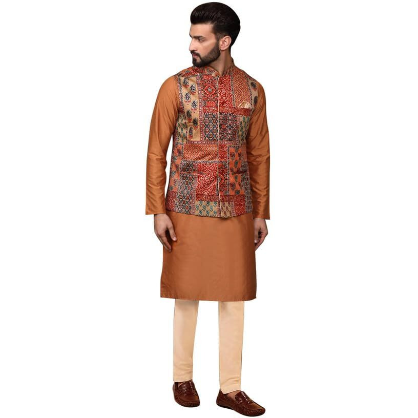 Kisah Mens Kurta Jacket Trouser Set, Long Sleeves Printed Mandarin Silk Blend Collar, Multi Ethnic Wear Set For Men, 42