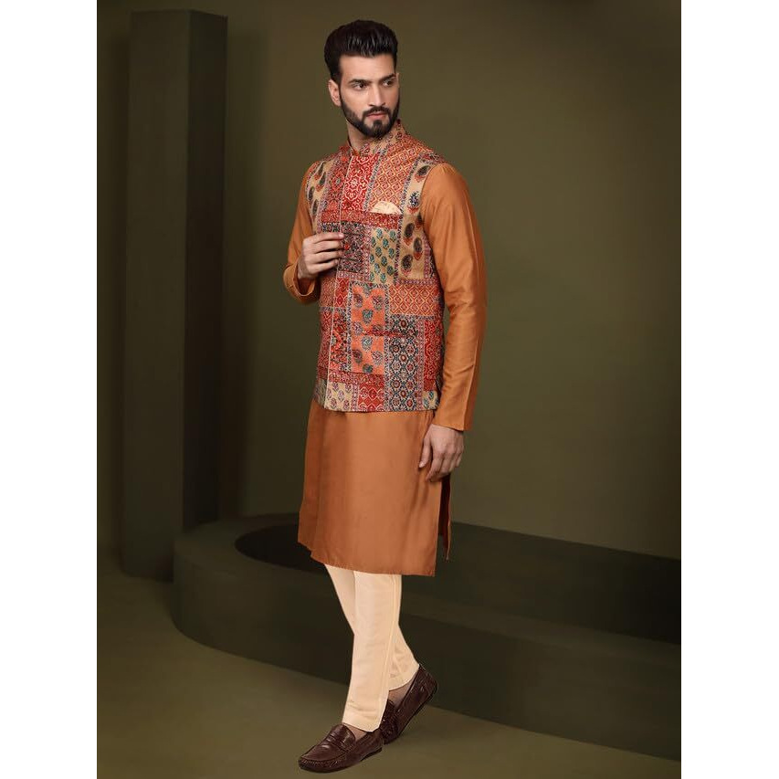 Kisah Mens Kurta Jacket Trouser Set, Long Sleeves Printed Mandarin Silk Blend Collar, Multi Ethnic Wear Set For Men, 42