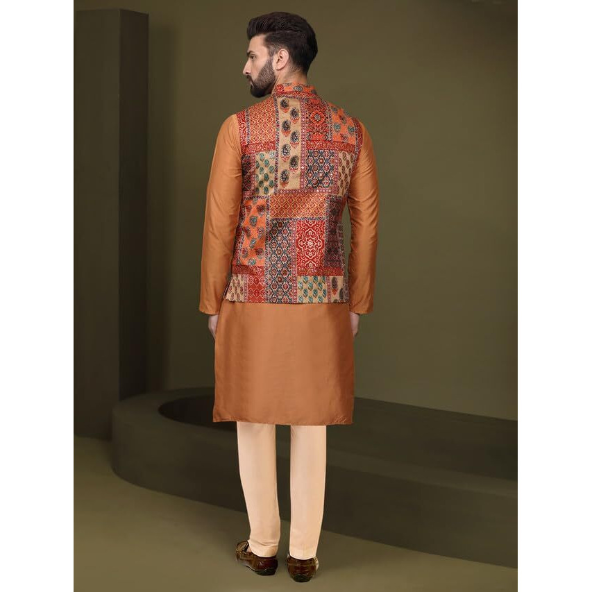 Kisah Mens Kurta Jacket Trouser Set, Long Sleeves Printed Mandarin Silk Blend Collar, Multi Ethnic Wear Set For Men, 42