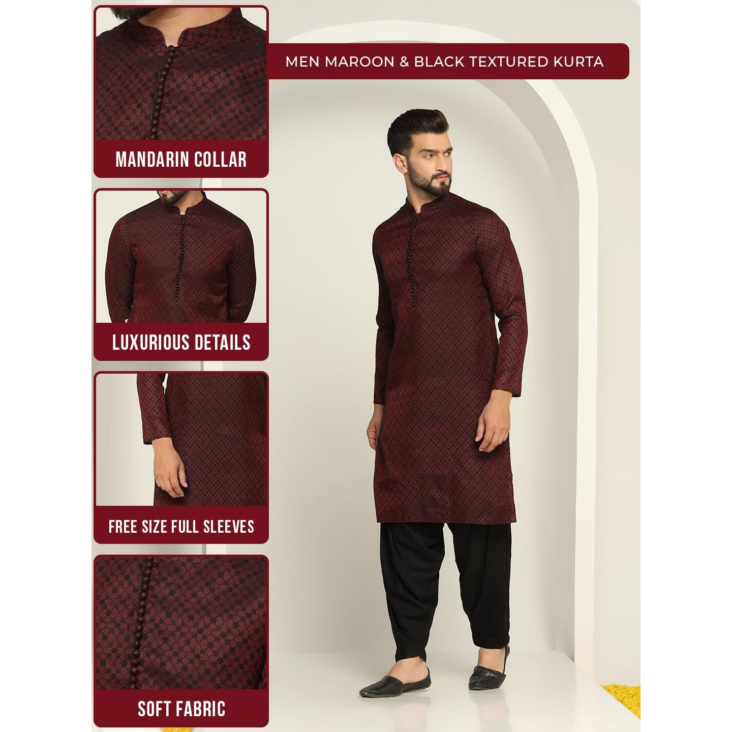 Kisah Mens Printed Silk Blend Jacquard Kurta - Traditional Ethnic Wear Kurta For Men For Weddings & Festivals, Maroon, 36