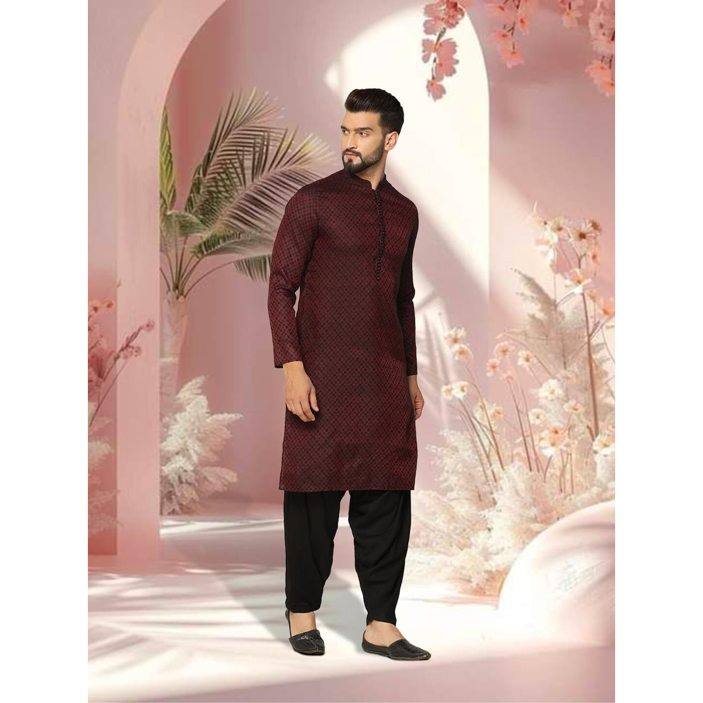 Kisah Mens Printed Silk Blend Jacquard Kurta - Traditional Ethnic Wear Kurta For Men For Weddings & Festivals, Maroon, 36