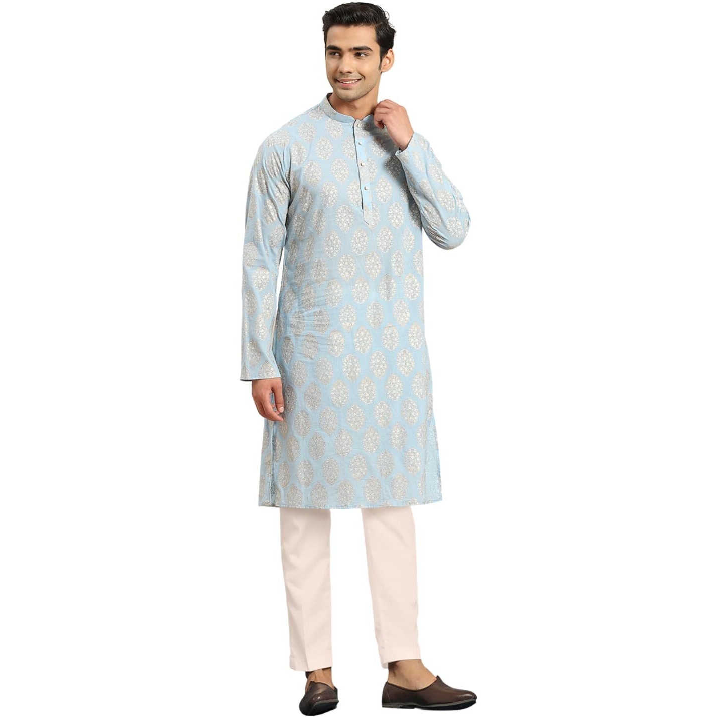 Kisah Men's Cotton Blend Long Sleeves Regular Fit Printed Grey Kurta Trousers Set (Xl)