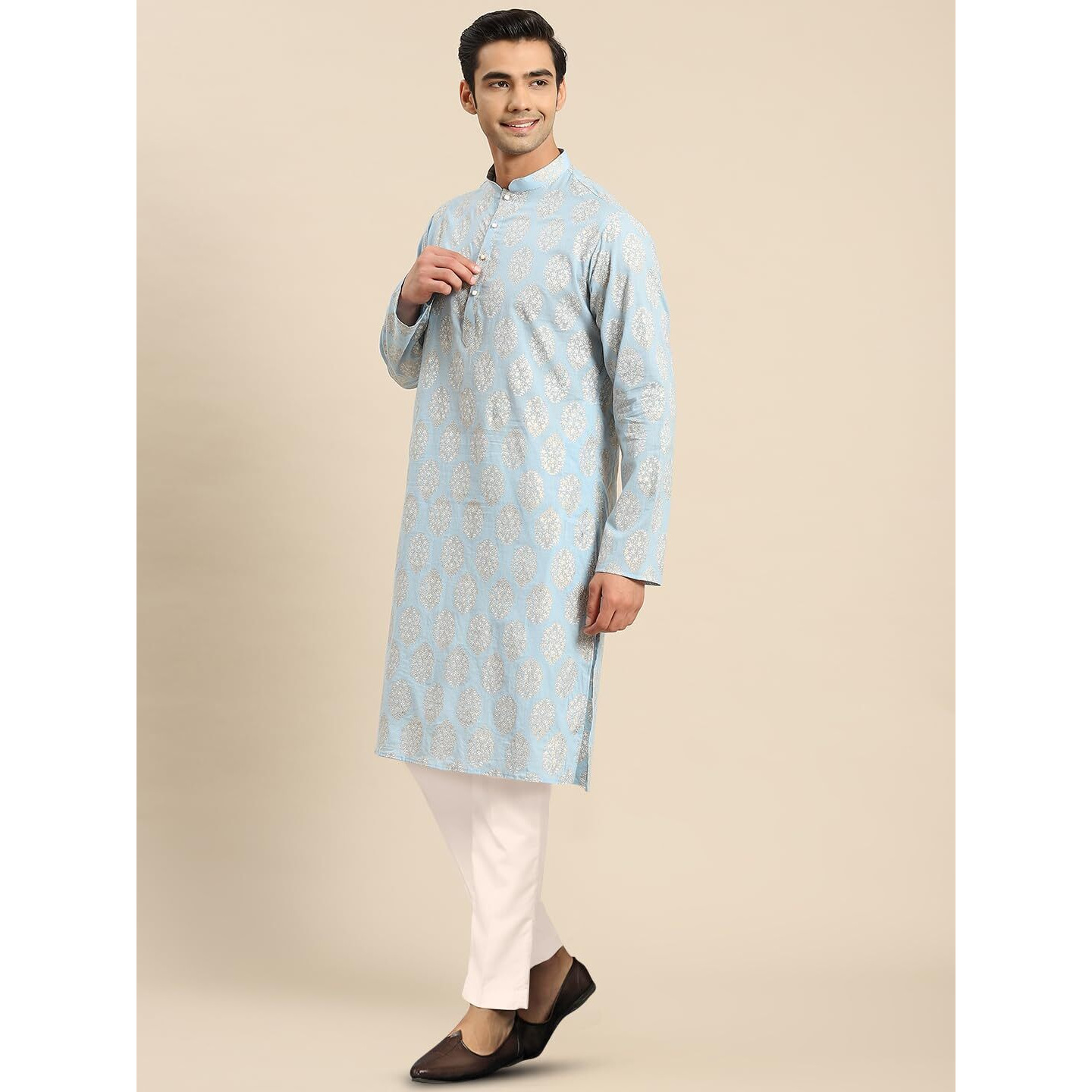 Kisah Men's Cotton Blend Long Sleeves Regular Fit Printed Grey Kurta Trousers Set (Xl)