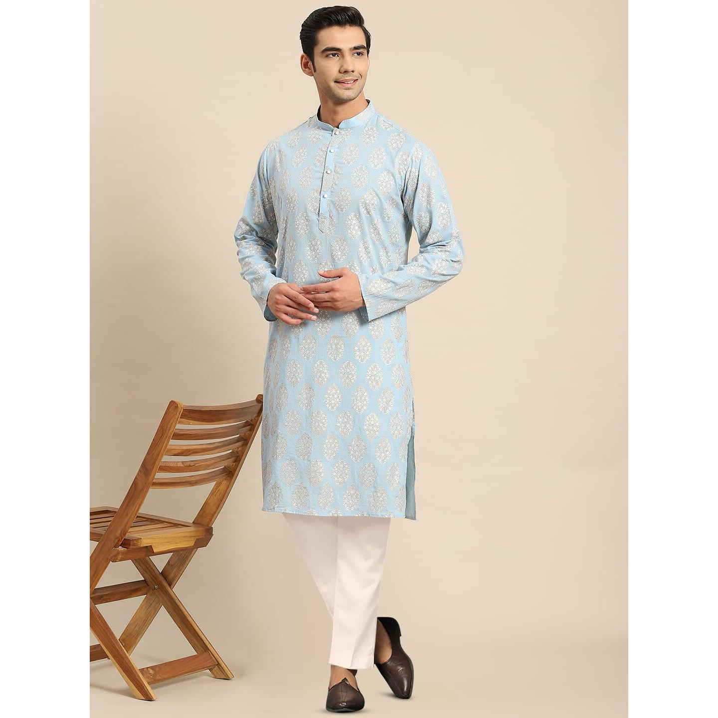 Kisah Men's Cotton Blend Long Sleeves Regular Fit Printed Grey Kurta Trousers Set (Xl)