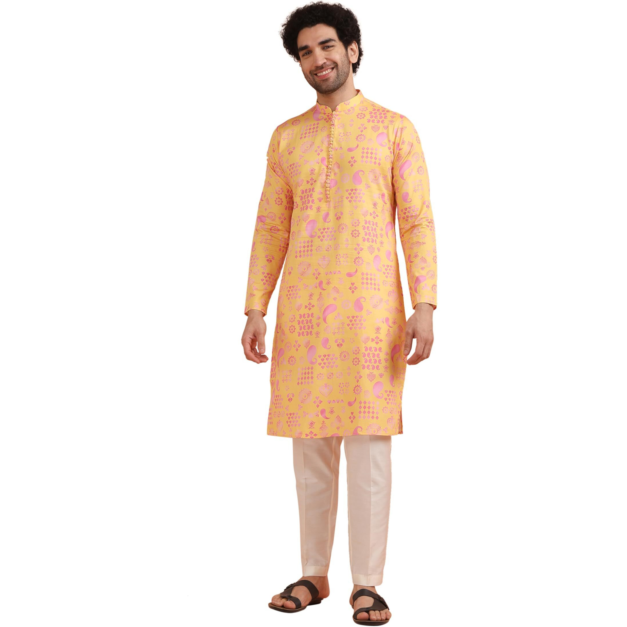 Kisah Men's Kurta Trouser Set, Yellow Cotton Blend, Paisley Regular Fit Mandarin Collar Long Sleeves (Xl)