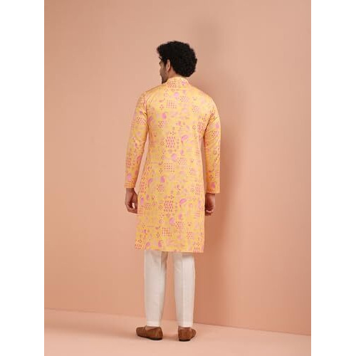 Kisah Men's Kurta Trouser Set, Yellow Cotton Blend, Paisley Regular Fit Mandarin Collar Long Sleeves (Xl)