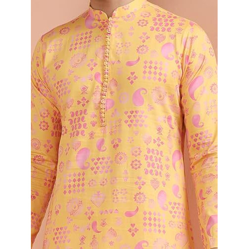 Kisah Men's Kurta Trouser Set, Yellow Cotton Blend, Paisley Regular Fit Mandarin Collar Long Sleeves (Xl)