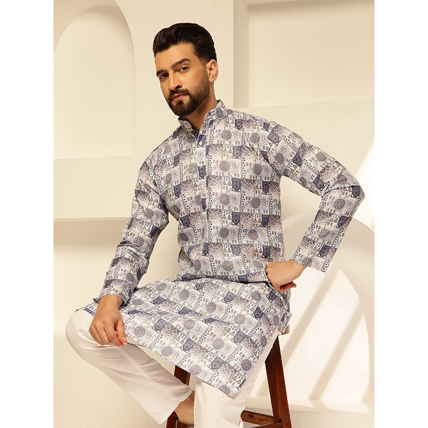 Sojanya (Since 1958 Men's Cotton Linen Printed Blue & White Kurta With White Pyjama