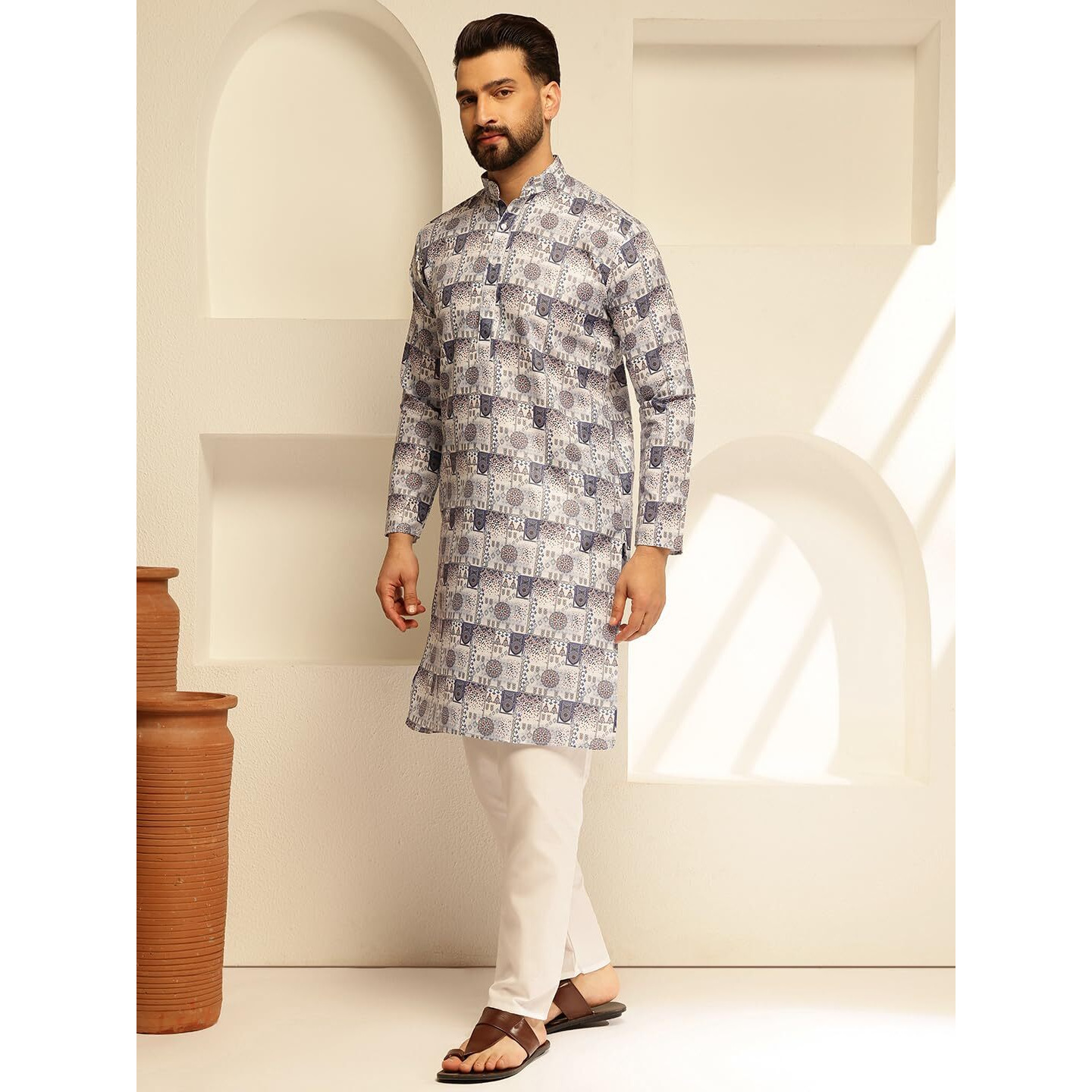 Sojanya (Since 1958 Men's Cotton Linen Printed Blue & White Kurta With White Pyjama