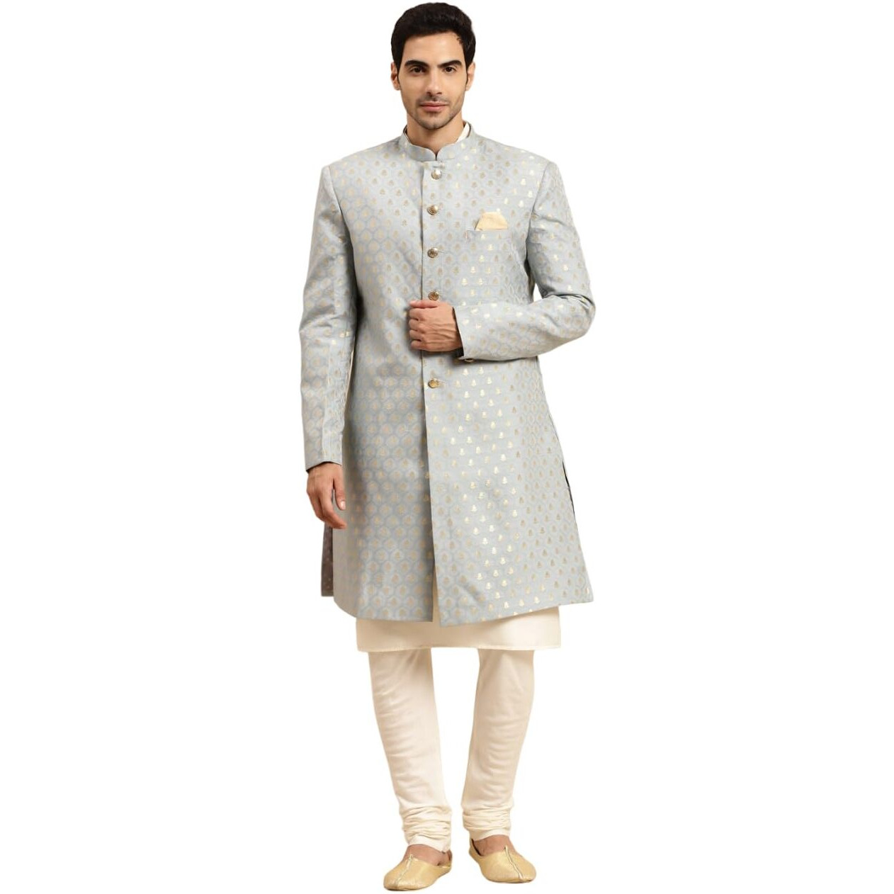 Kisah Men's Kurta Indo-Western Sherwani Churidar Set, Grey Jacquard, Floral Regular Fit Mandarin Collar Full Sleeves (L)