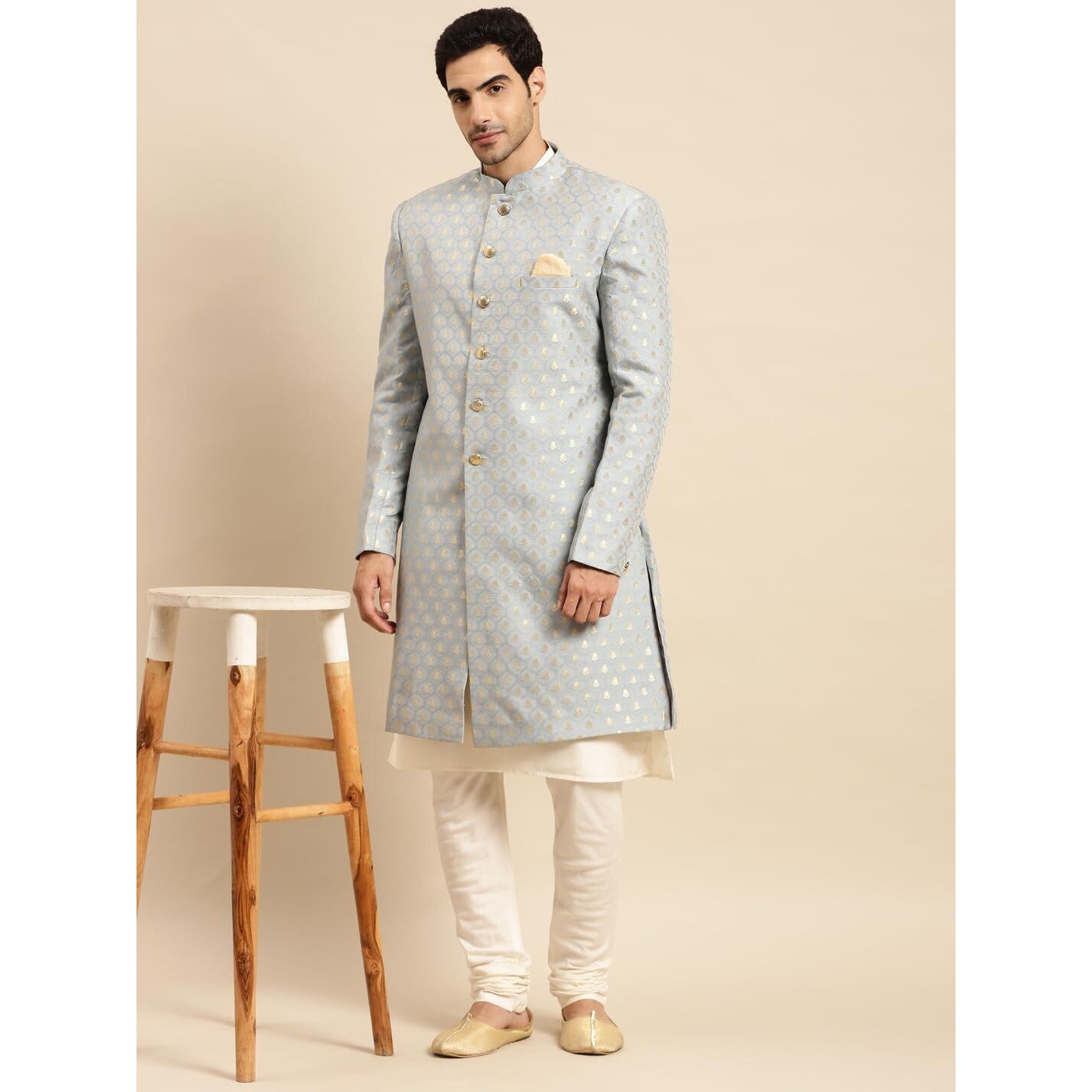Kisah Men's Kurta Indo-Western Sherwani Churidar Set, Grey Jacquard, Floral Regular Fit Mandarin Collar Full Sleeves (L)