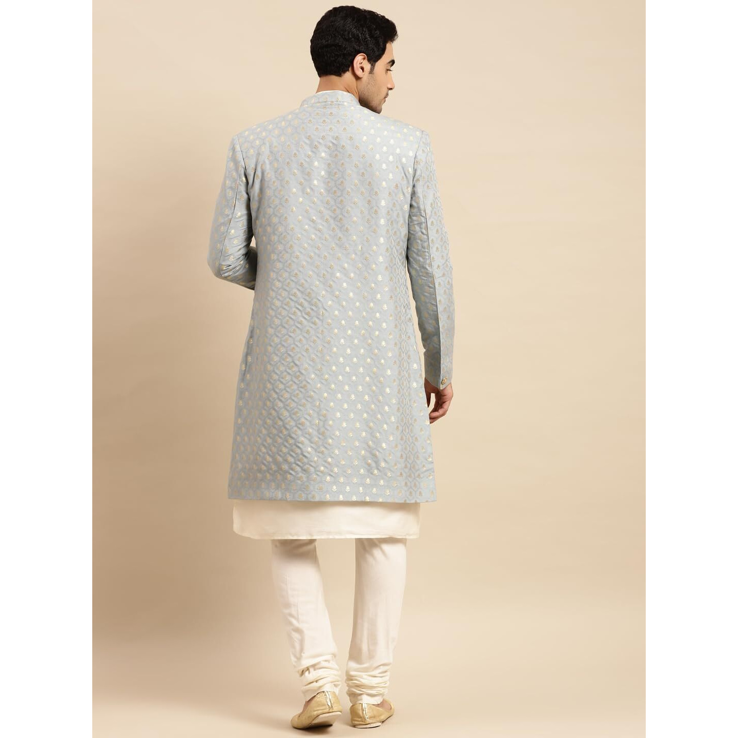 Kisah Men's Kurta Indo-Western Sherwani Churidar Set, Grey Jacquard, Floral Regular Fit Mandarin Collar Full Sleeves (L)
