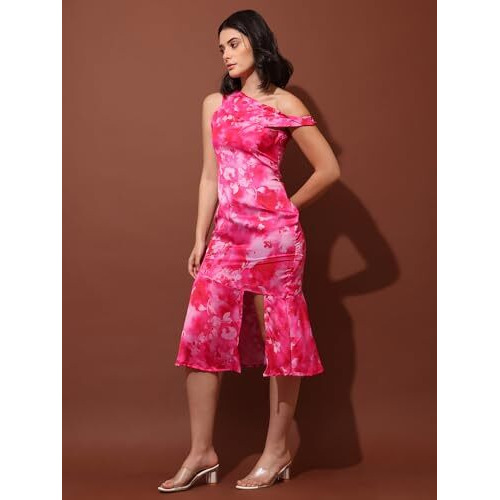 Purvaja Womens Asymmetric Neck Satin Dress (Floe-058-M) Pink