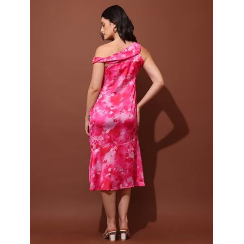 Purvaja Womens Asymmetric Neck Satin Dress (Floe-058-M) Pink