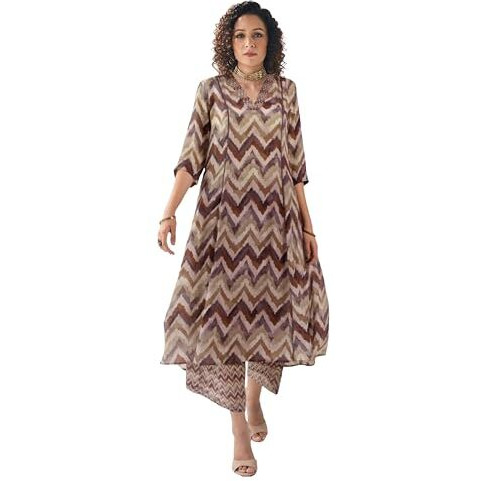 Toochki Dress For Women | Two Piece Dress For Women Long | Dress | Maxi Dress For Women | Dresses | Zig Zag Printed Dress | Cotton Dress For Women | Flared Dress | Dress With Palazzo For Womens Brown