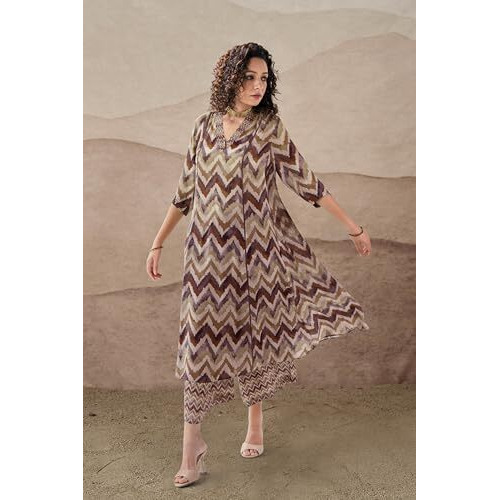 Toochki Dress For Women | Two Piece Dress For Women Long | Dress | Maxi Dress For Women | Dresses | Zig Zag Printed Dress | Cotton Dress For Women | Flared Dress | Dress With Palazzo For Womens Brown