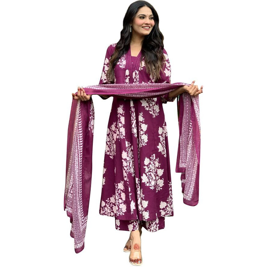 Toochki Women's Rayon Viscose Anarkali Printed Kurta With Palazzo & Dupatta Wine
