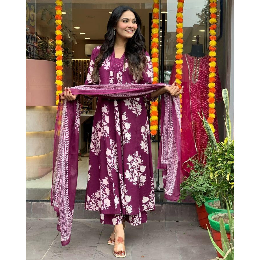 Toochki Women's Rayon Viscose Anarkali Printed Kurta With Palazzo & Dupatta Wine