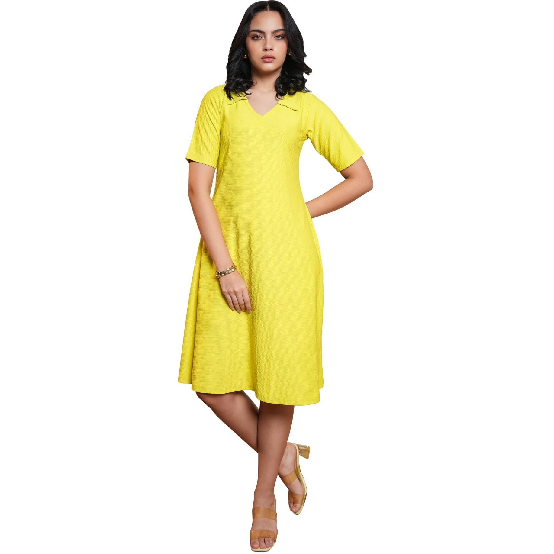 Purvaja Womens A-Line Midi Length Dress (Nisi-062-Lemon_Lemon_Small)