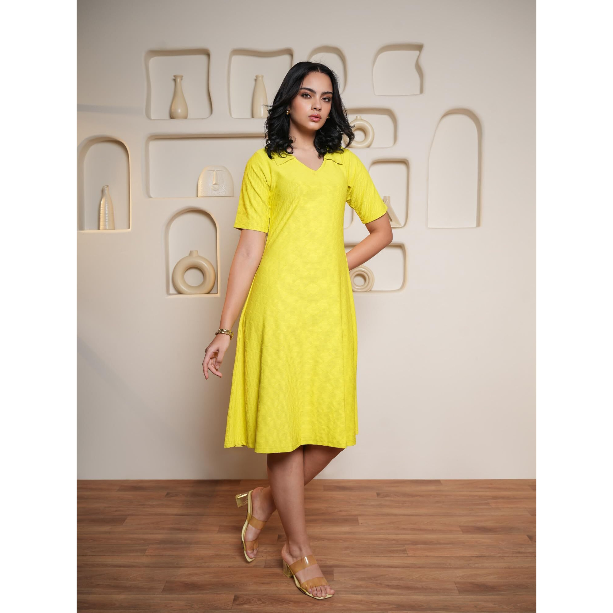 Purvaja Womens A-Line Midi Length Dress (Nisi-062-Lemon_Lemon_Small)