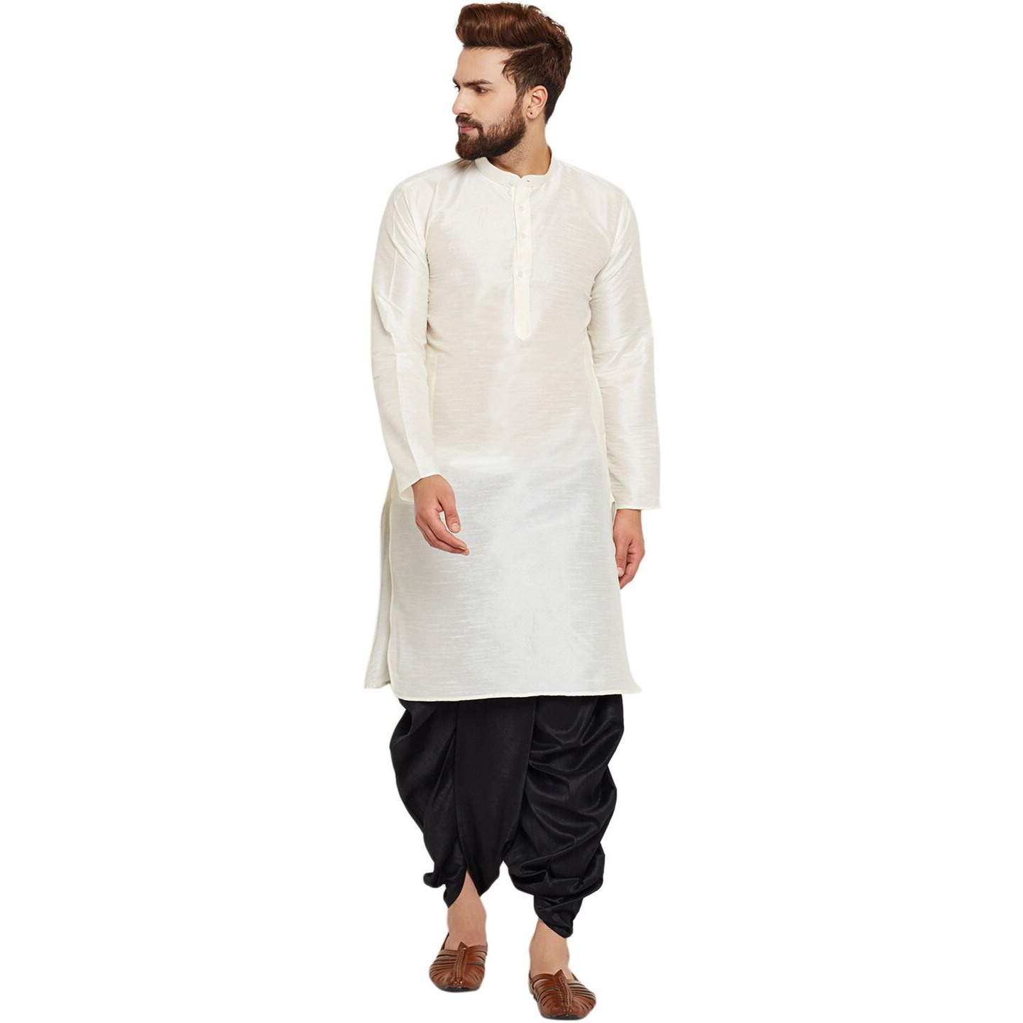 Sojanya (Since 1958 Men's Off-White & Black Silk Dhoti Kurta Set, Size Xxl