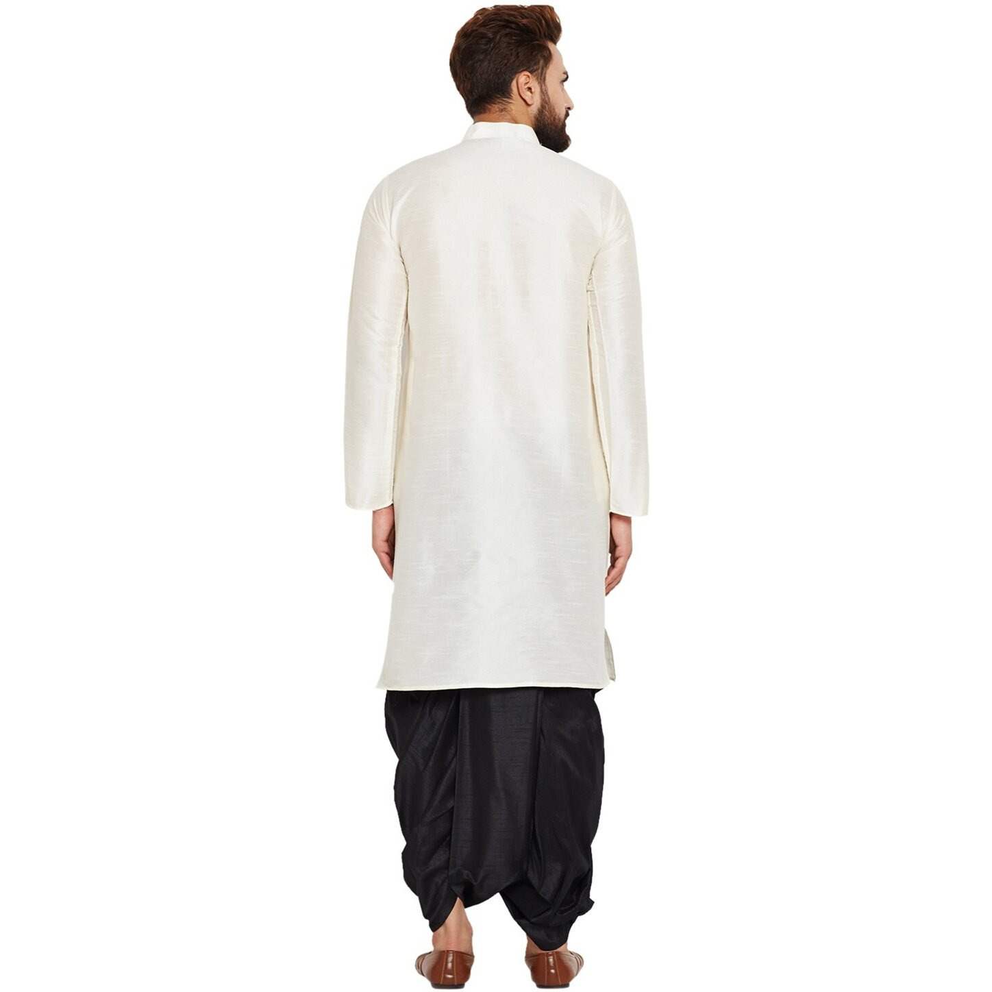 Sojanya (Since 1958 Men's Off-White & Black Silk Dhoti Kurta Set, Size Xxl