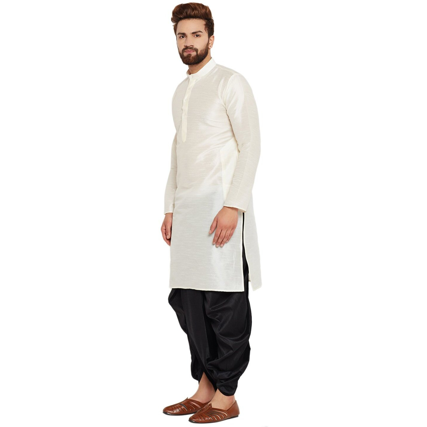 Sojanya (Since 1958 Men's Off-White & Black Silk Dhoti Kurta Set, Size Xxl