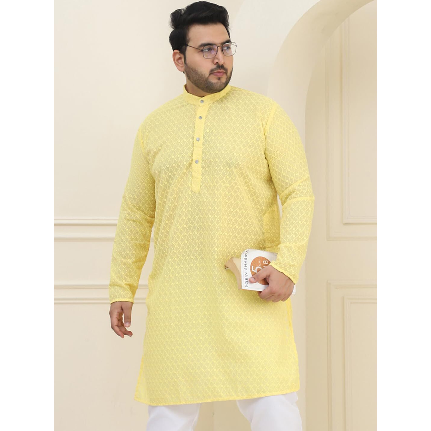 Sojanya Plus(Since 1958) Men's 100% Cotton Yellow Chikankari Kurta