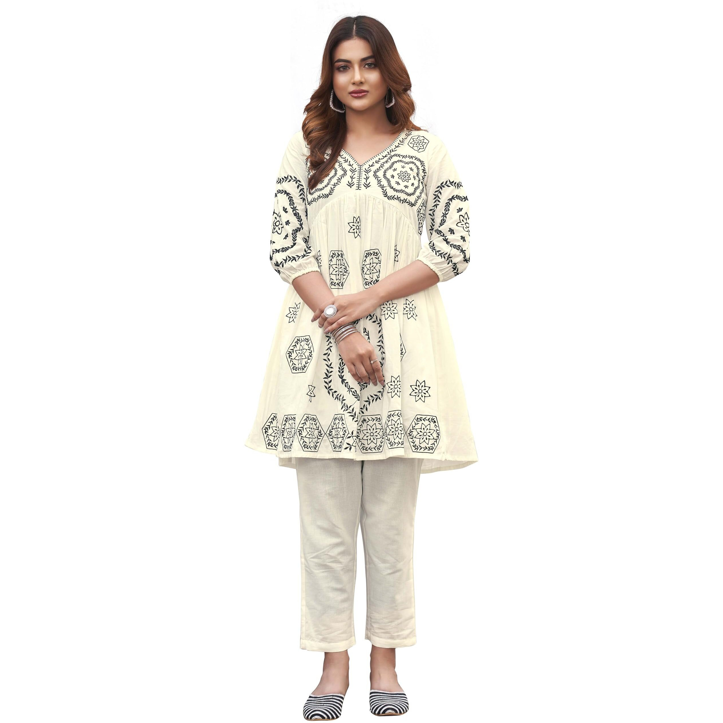 Womanista Women's Pure Cotton Solid Regular Embroidered Co-Ord Set 9137_Off White