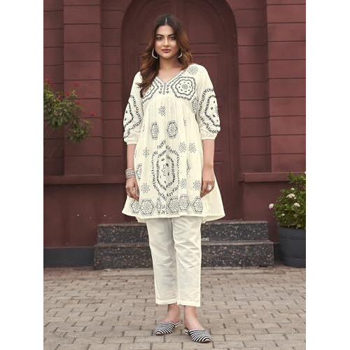 Womanista Women's Pure Cotton Solid Regular Embroidered Co-Ord Set 9137_Off White
