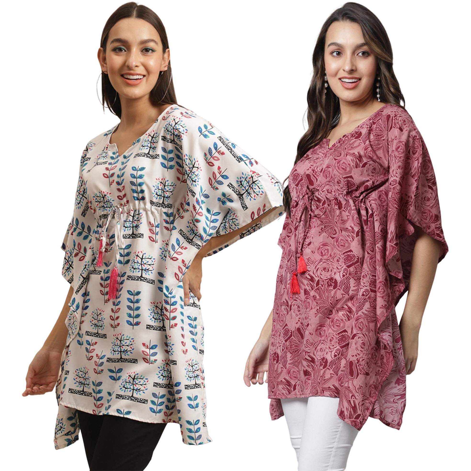 Tee Projekt Casual Crepe Kimino Sleeves Women's Kaftan Dress Ll Kaftan Casual & Everyday Kurta (Pack Of 2) Orange-Pink