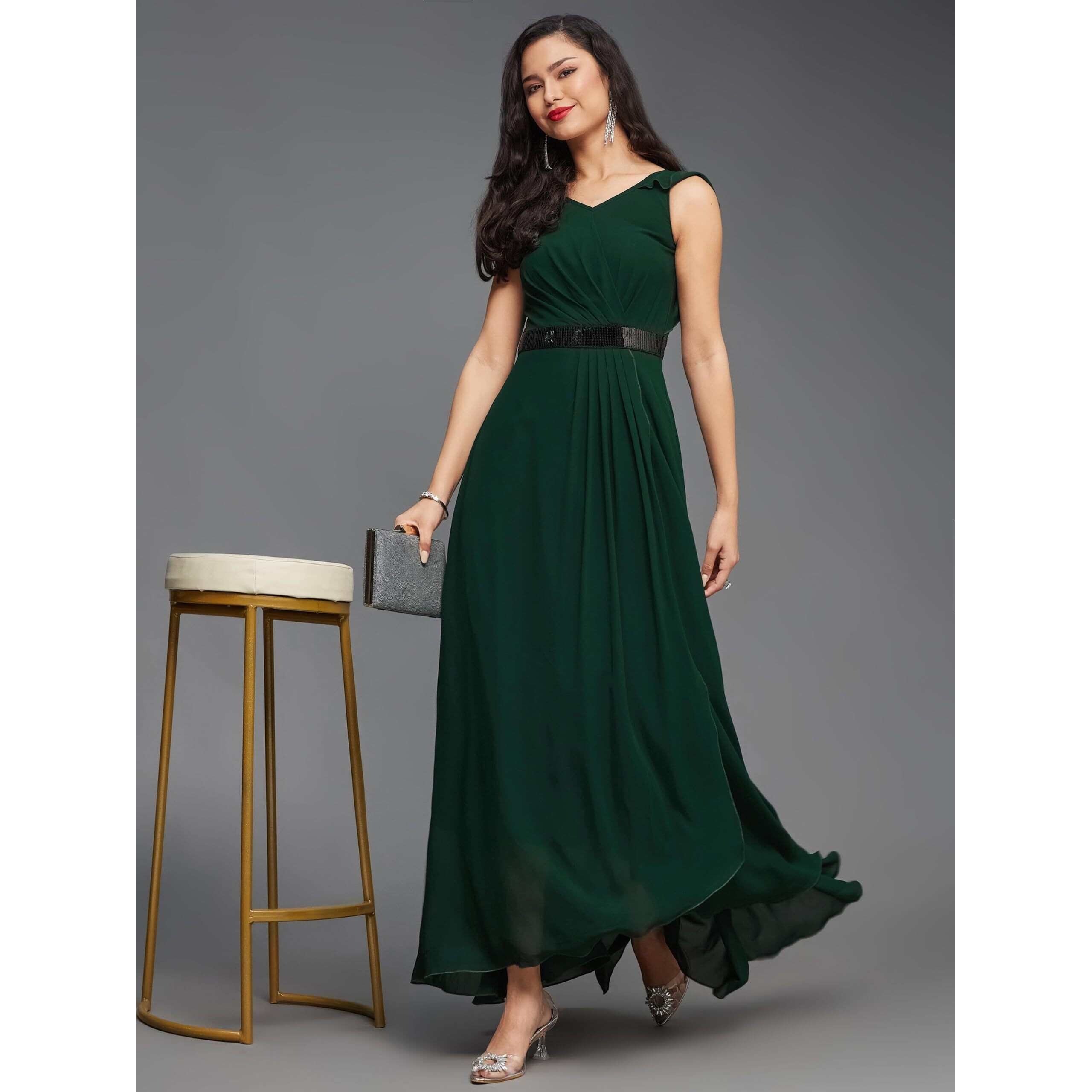 Miss Chase Women's V-Neck Ruffled Sleeve Solid Embellished Maxi Dress With Pockets (Mcaw21D06-17-42-02, Dark Green, Xs)