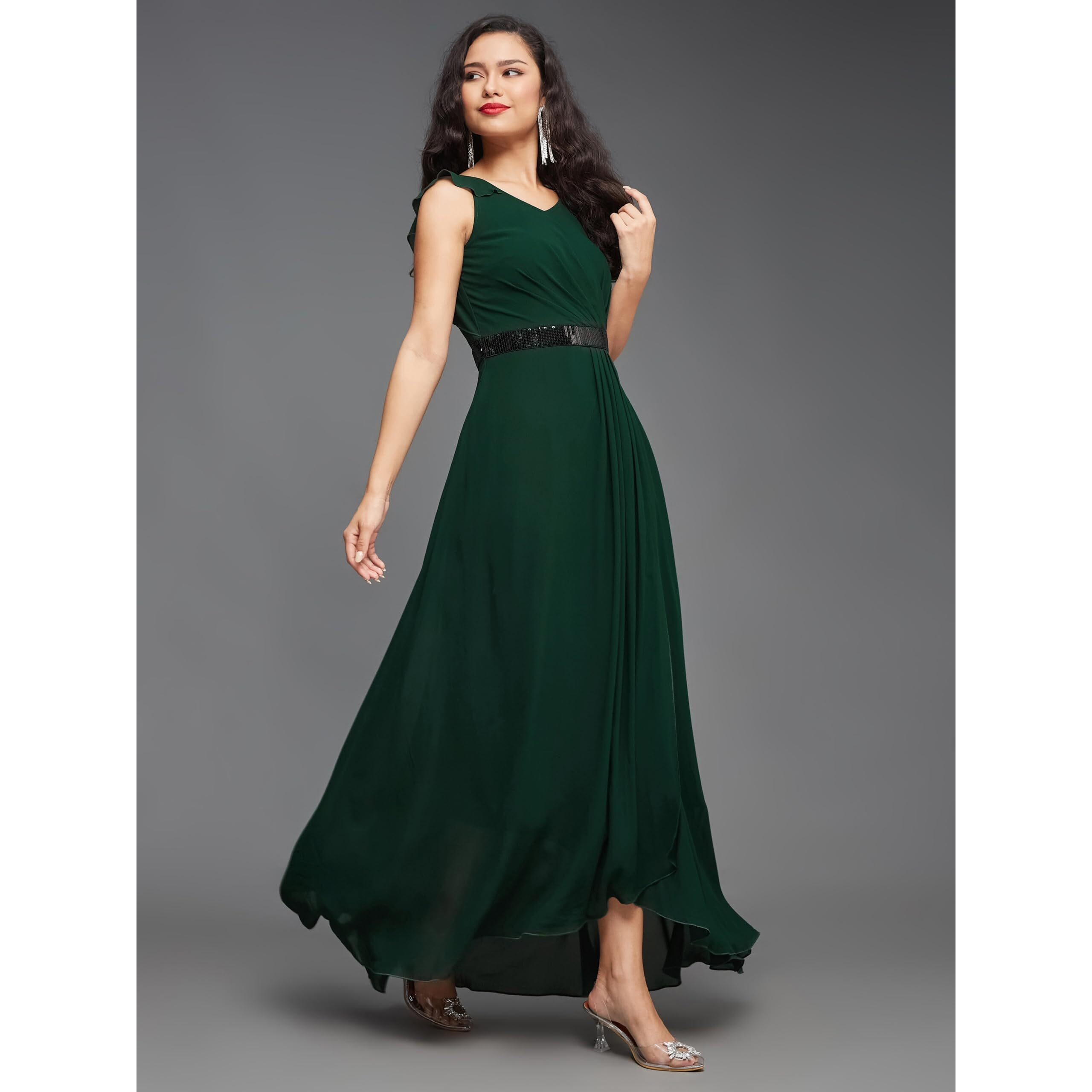 Miss Chase Women's V-Neck Ruffled Sleeve Solid Embellished Maxi Dress With Pockets (Mcaw21D06-17-42-02, Dark Green, Xs)