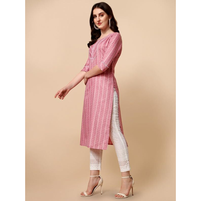 Nainvish Women's Cotton Blend Straight Round Neck Printed Kurta (Sd420_K-Xxl._Pink)