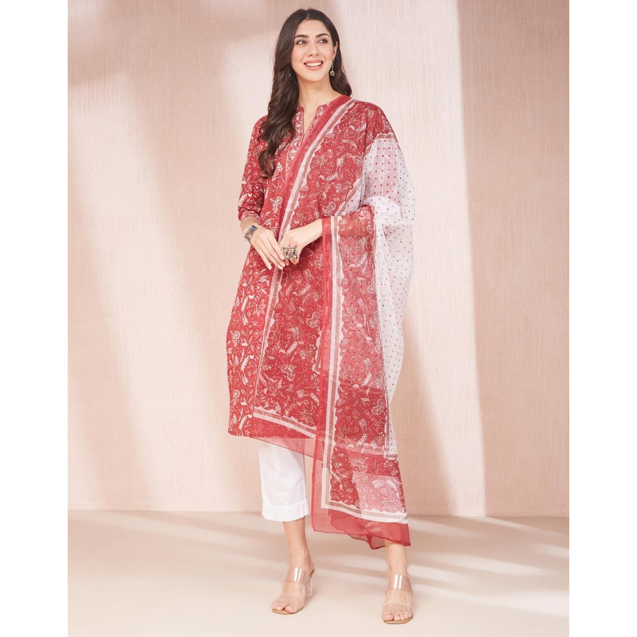 Fabindia Women's Cotton Printed Regular Kurta (1037550Maroon_Maroon