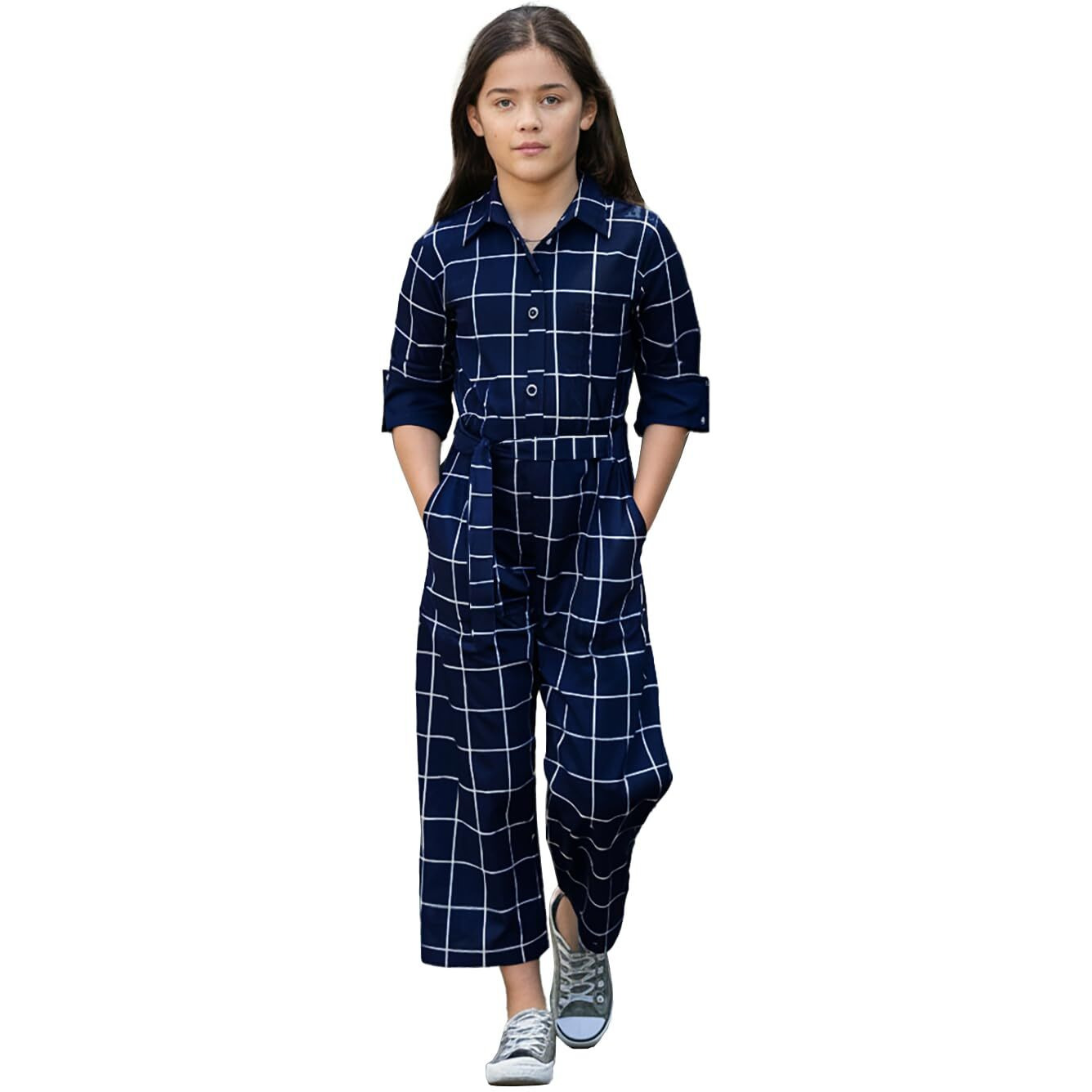 Naughty Ninos Girls Navy Blue Checkered Printed Jumpsuit (Nn01034Drs_9-10 Years)