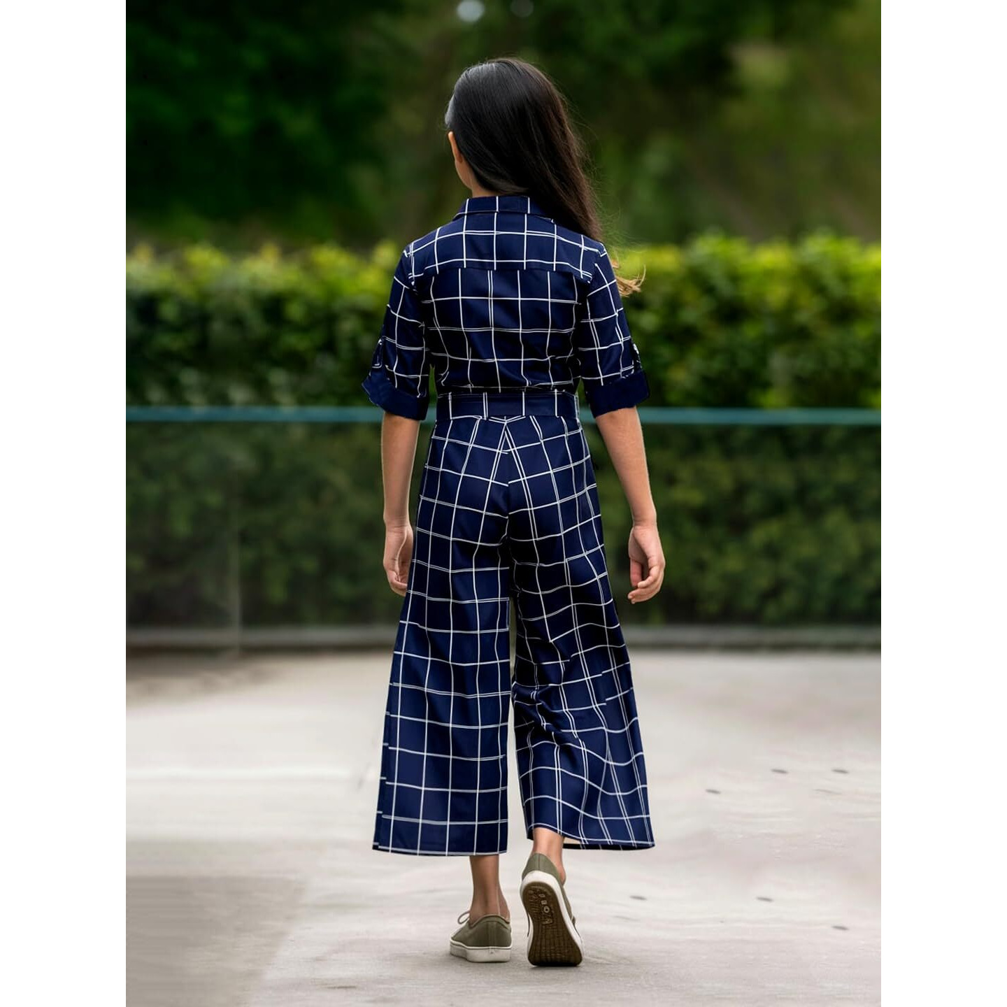 Naughty Ninos Girls Navy Blue Checkered Printed Jumpsuit (Nn01034Drs_9-10 Years)