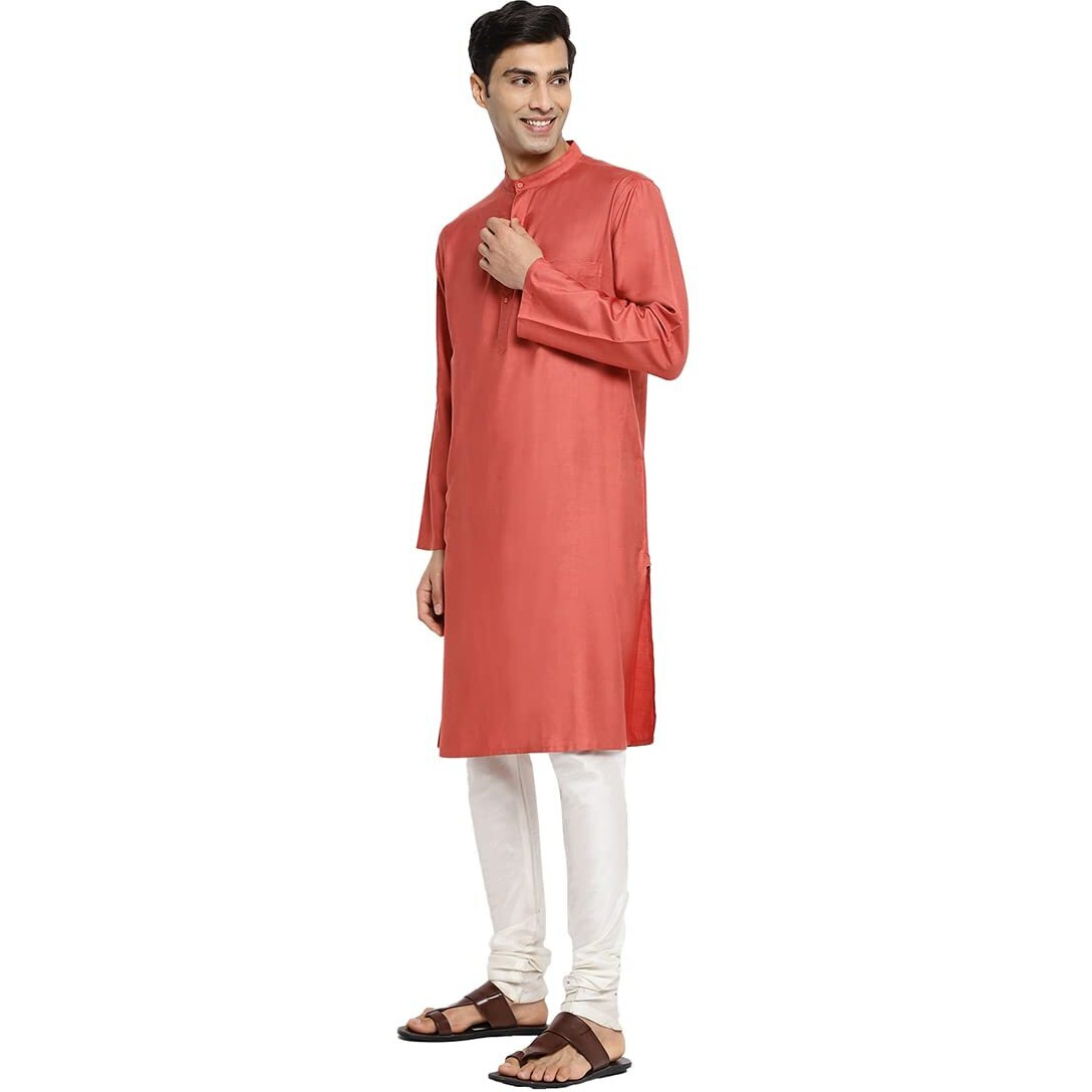 Fabindia Men's Viscose Silk Woven Relaxed Kurta (102885803_Coral
