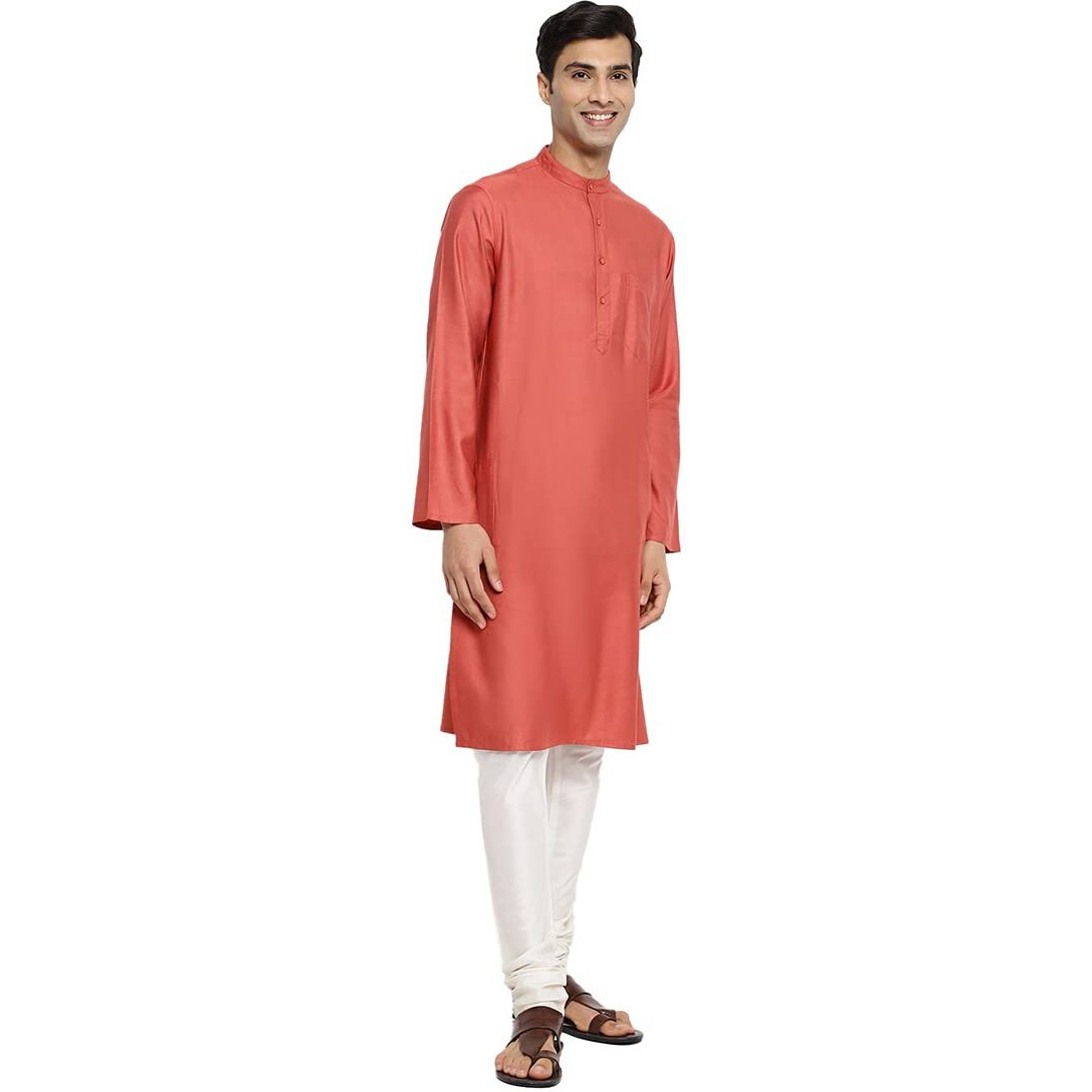 Fabindia Men's Viscose Silk Woven Relaxed Kurta (102885803_Coral