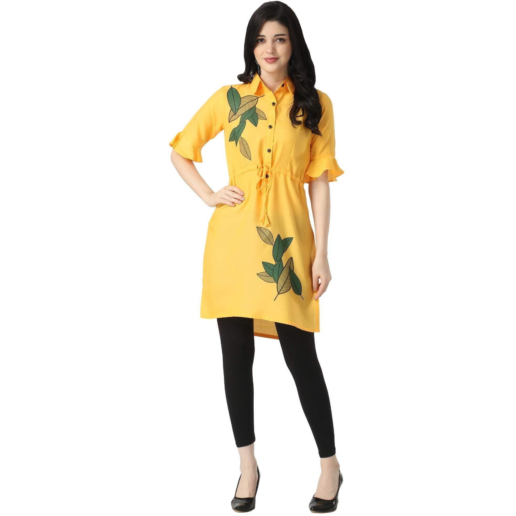 Om Sai Latest Creation Designer Slub Rayon Fully Stitched Straight Kurti For Women & Girls On Jeans Palazzo Or Skirt (Plus Size Upto 2Xl)-(Black) (Yellow, Medium)