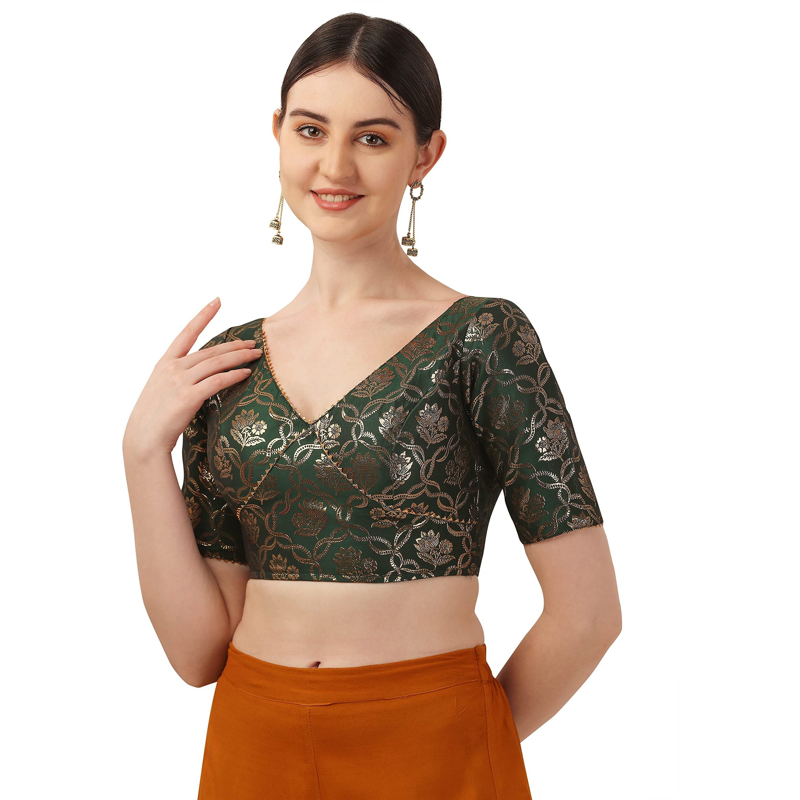 Oomph Women's Art Silk Short Sleeve Regular Blouse (Rbbl290_Emerald Green S)