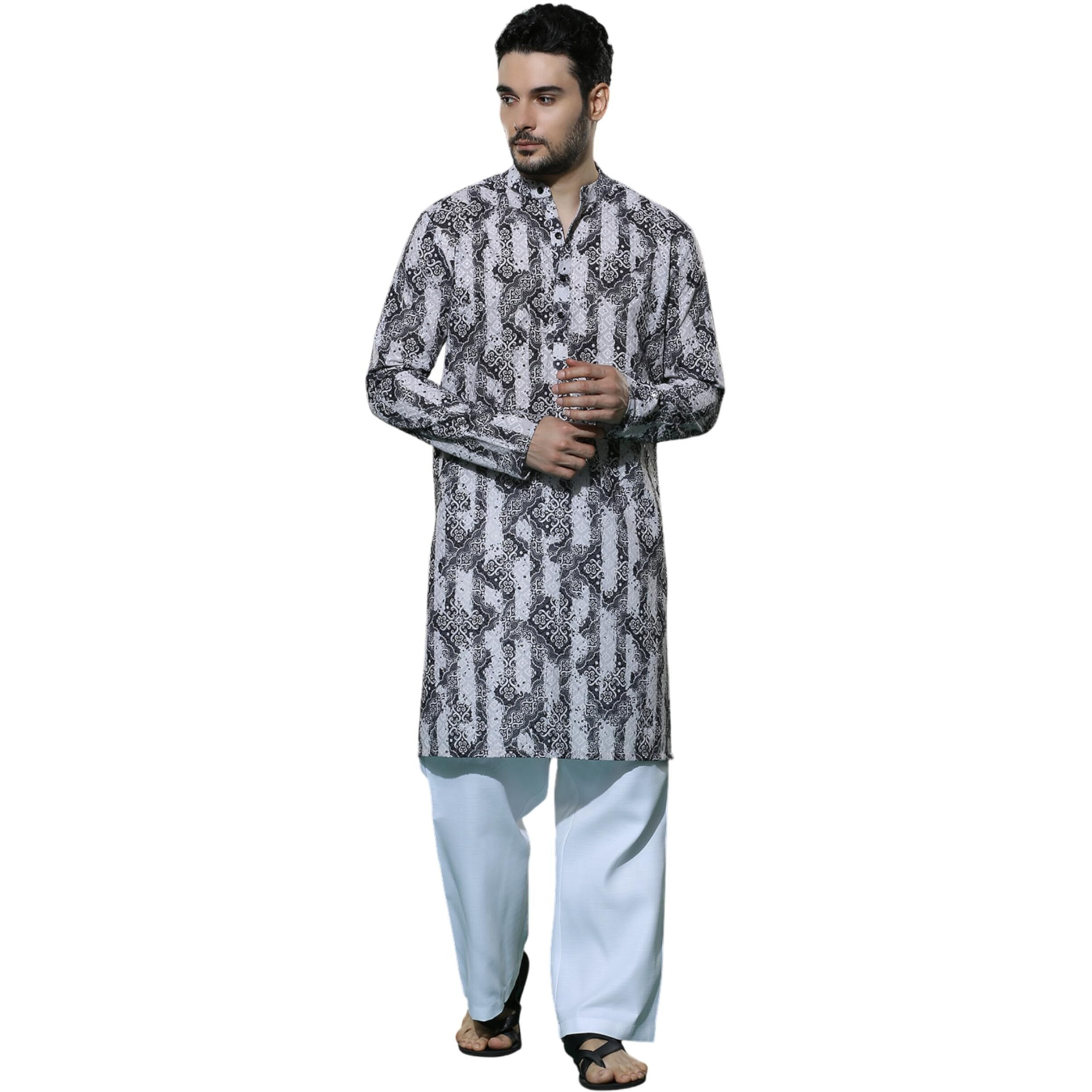 Greciilooks Men's Cotton Solid Regular Fit Kurta Set (Gl-M153&Mp105_Grey_S)